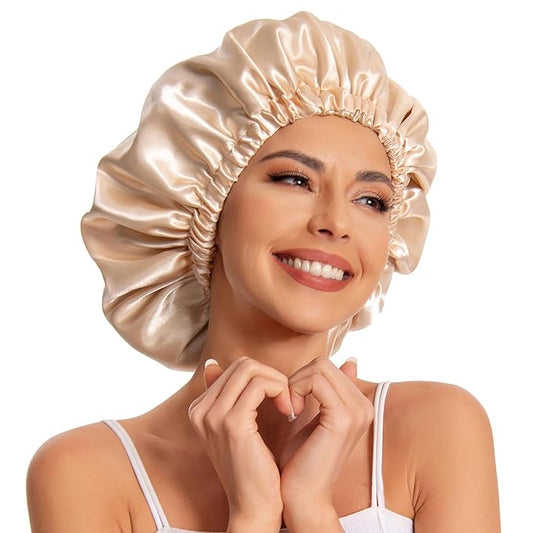 Satin Bonnet Silk Bonnet Hair Bonnet for Sleeping-Slouchy Beanie Hat Satin Sleep Cap for Women's Natural & Curly Hair(Champagne)