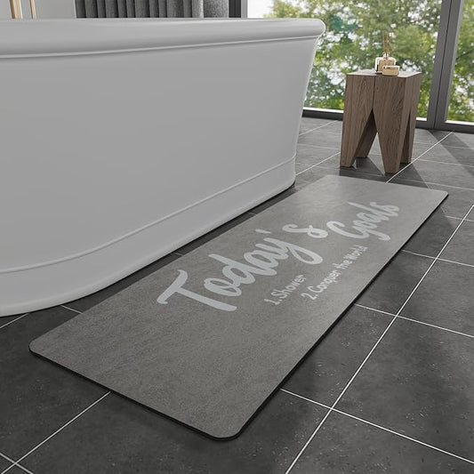 MontVoo -Bath Mat Rug- Non Slip Quick Dry Absorbent Thin Bathroom Rugs Fit Under Door-Faux Suede Surface Bathroom Floor Mats-Shower Rug for in Front of Bathtub Shower 17 X59 Grey Text Pattern