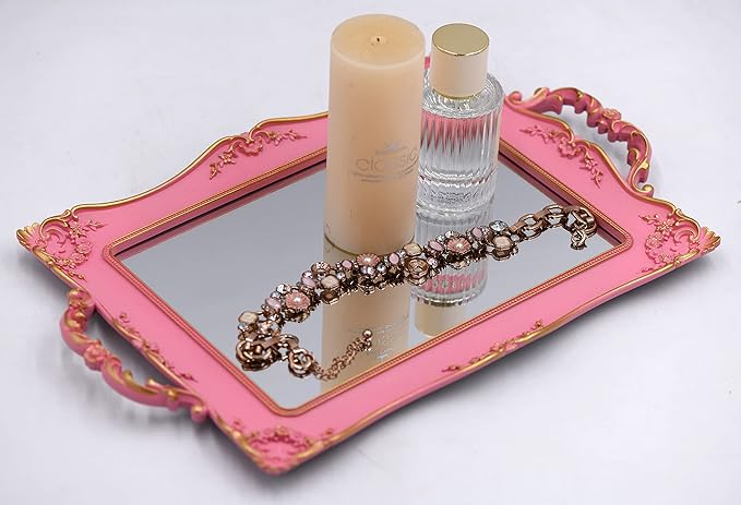 Antique Decorative Pink Framed Square Mirror Tray, Jewelry & Cosmetics Organizer for Dresser, Square - 9.5" x 14.5"(Pink)