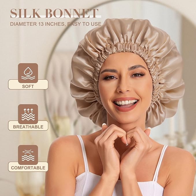 Satin Bonnet Silk Bonnet Hair Bonnet for Sleeping-Slouchy Beanie Hat Satin Sleep Cap for Women's Natural & Curly Hair(Khaki)
