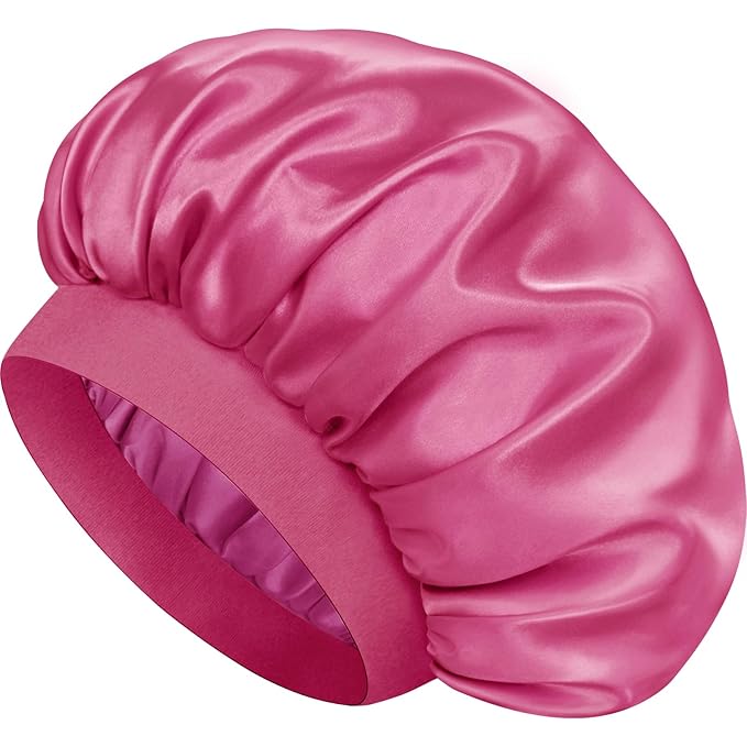Satin Silk Bonnet for Sleeping, Double Layer Silk Sleep Cap for Men & Women, Soft Satin Lined Bonnet for Natural & Curly Hair(Hot Pink)