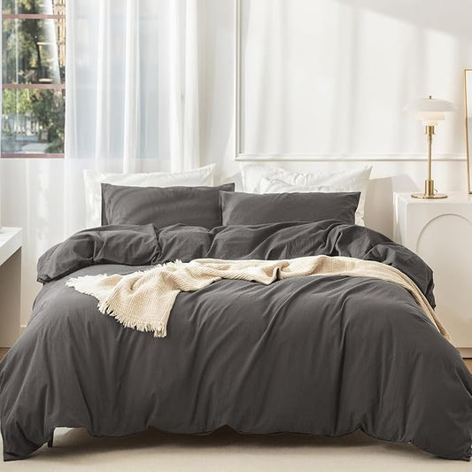 JIYUAN 100% Washed Cotton Duvet Cover Set 3 Pieces King, 1 Duvet Cover 104x90 Inches(Comforter Not Included) and 2 Pillowcases,Linen Feel Bedding Set Comfy and Breathable,Solid Dark Grey
