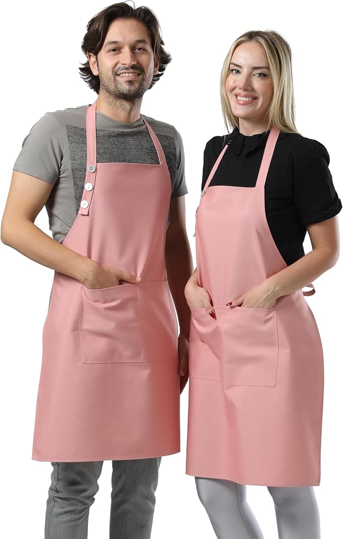 TOSHE Kitchen Apron Waterdrop Resistant Cotton Apron with adjustable Aprons for Women with Pockets Cooking Apron (2 Pack - Powder Pink)