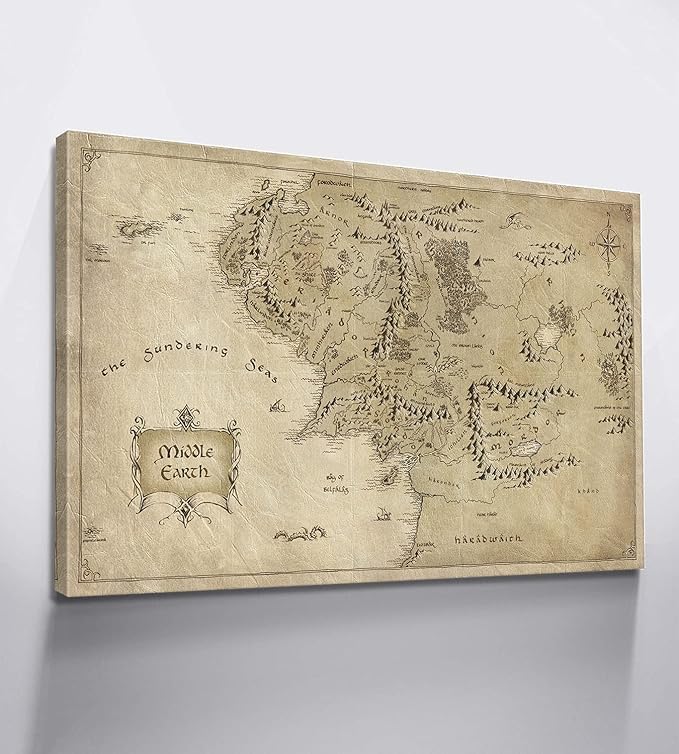 Middle Earth Map Wall Art Canvas Print - Fantasy Map of Middle Earth - 12''H x 18''W with Inner Wooden Frame - Lightweight & Easy to Hang - Perfect for Bedroom, Game Room Decor