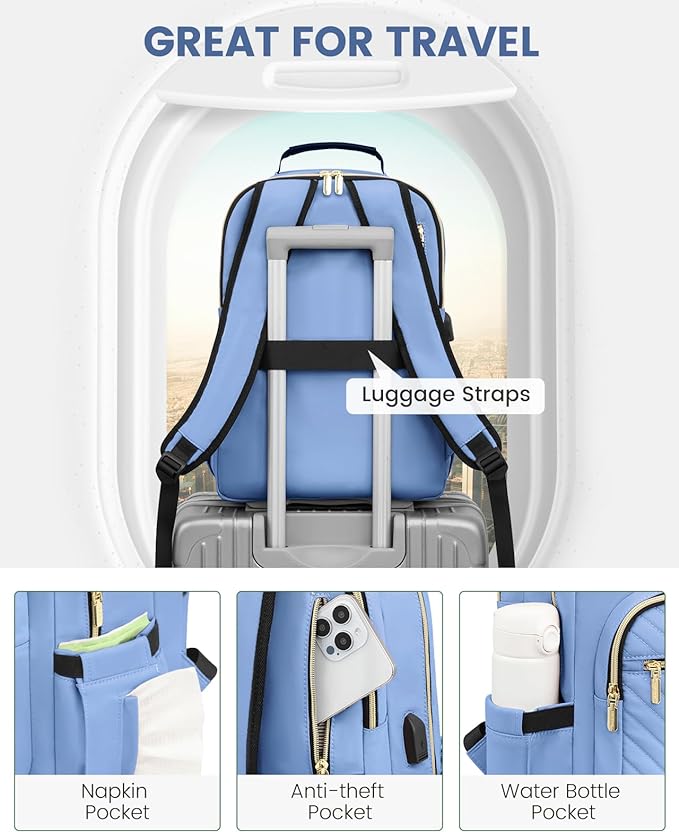 LOVEVOOK Laptop Backpack Purse for Women, Work Business Travel Computer Bags, College Nurse Backpack for Womens, Quilted Casual Daypack with USB Port, Fit 15.6 Inch Laptop, Blue