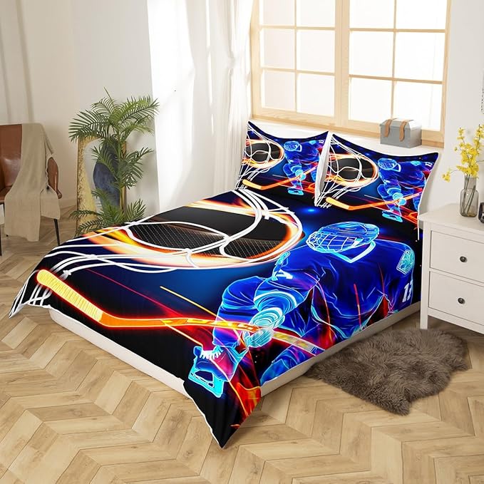 Castle Fairy Ice Hockey Bed Set for Boys Girls,Hockey Player Skating Comforter Cover for All Season,Winter Sports Game Ultra Soft Bedding Set Quilt Cover Queen Size