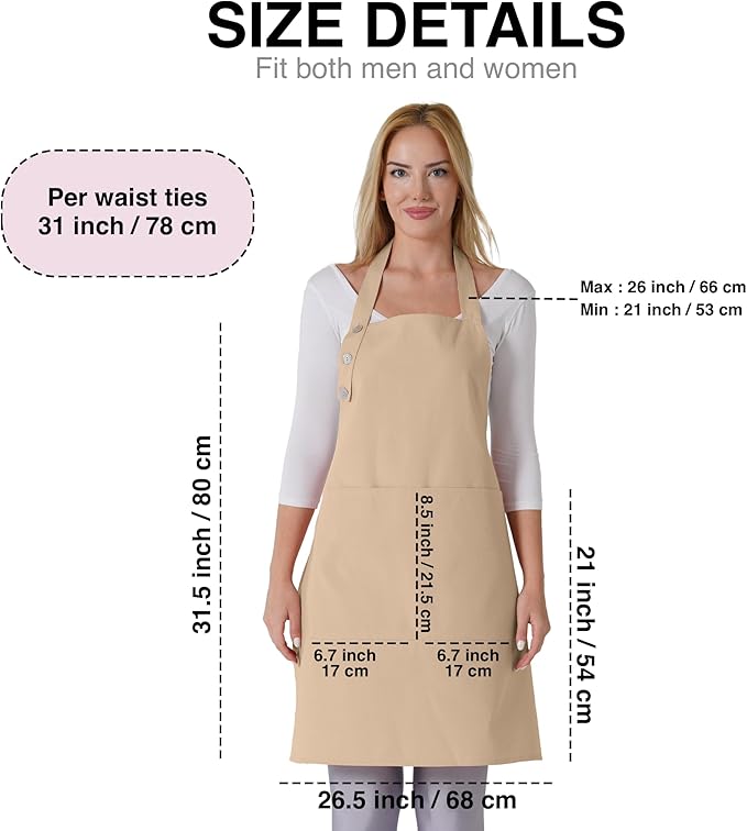 TOSHE Kitchen Apron Waterdrop Resistant Cotton Apron with adjustable Aprons for Women with Pockets 10 Color option Cooking Beige Apron(Beige)