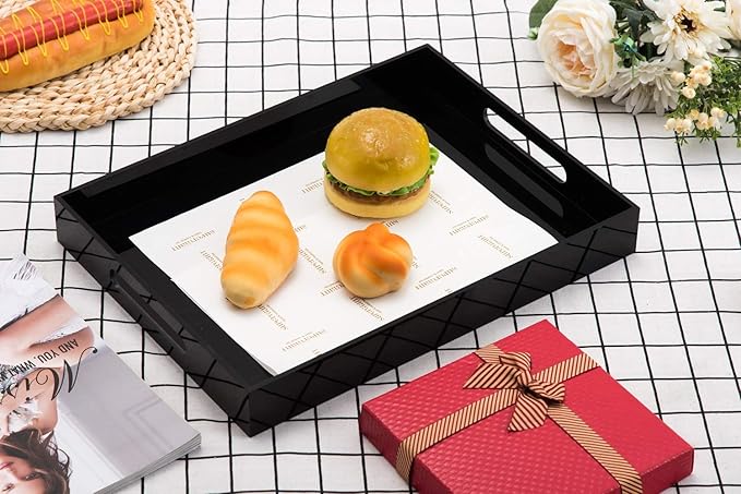 Glossy Black Sturdy Acrylic Serving Tray with Handles - 10x15 Inch, Coffee, Appetizer, Breakfast Tray - Butler, Kitchen to Vanity Table, Decorative