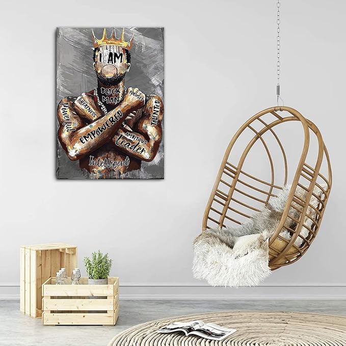 Framed Black Men Wall Art African American Man Portrait Wall Art Afro King Poster Abstract Contemporary Canvas Prints Painting Home Decor for Bedroom Living Room