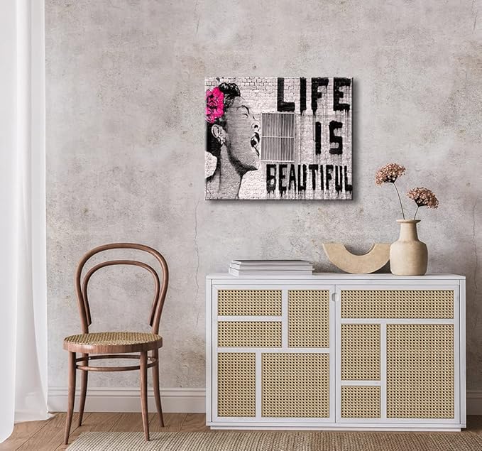 Wieco Art Abstract Giclee Canvas Prints Wall Art Ready to Hang for Kitchen Home Office Decor Banksy Life is Beautiful Large Modern Stretched and Framed Grey Impressionist Pictures Paintings Artwork