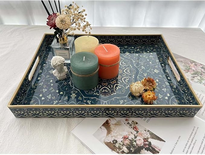Plastic Serving Tray with Handles,Large Ottoman Tray for Living Room,Large Rectangle Trays for Ottoman Coffee Table,Decorative Blue Boho Serving Trays for Home Decor,16" x 12"