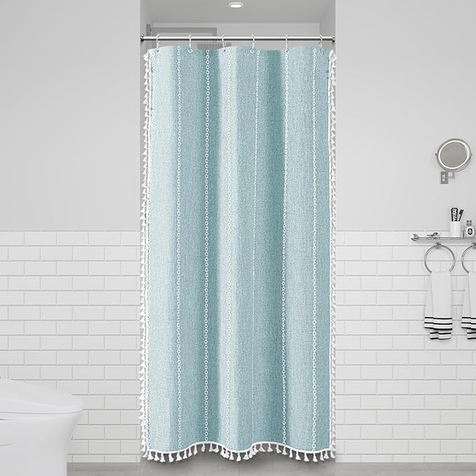 BTTN Boho Shower Stall Curtain - 36x72 Narrow Linen Thick Striped Tassel Fabric Shower Curtain Set with 6 Hooks, Half Modern Farmhouse Cottage Decorative Cloth Shower Curtains for Bathroom - Fog Blue