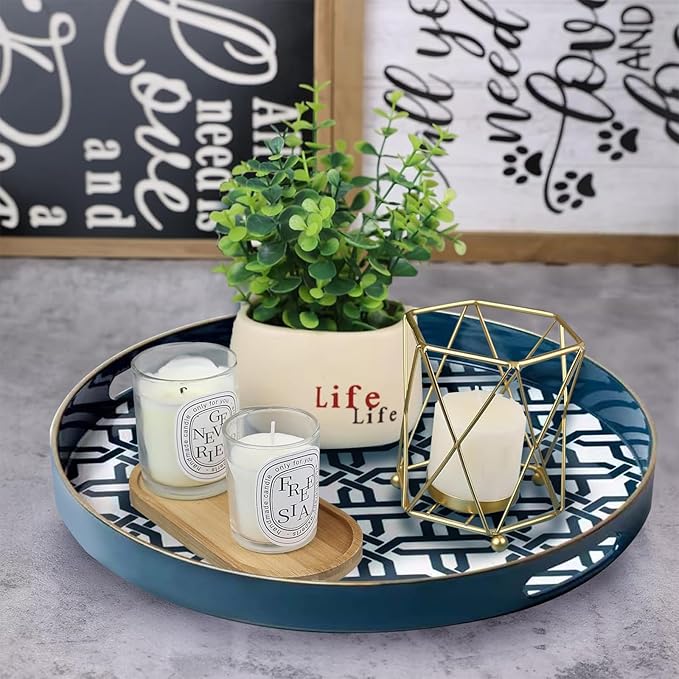 Blue Round Serving Tray with Handles,13" Decorative Ottoman Coffee Table for Perfume,Living Room,Home Decor