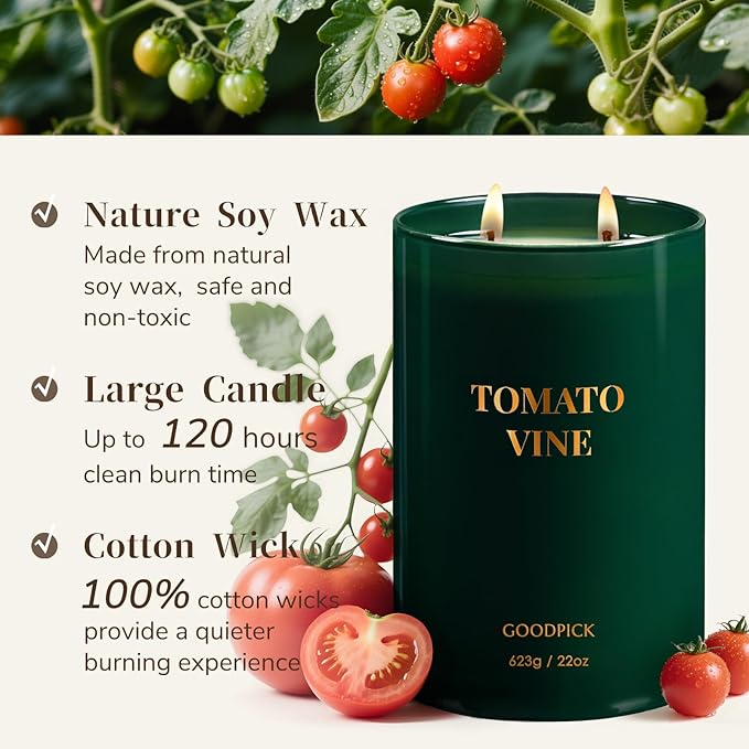 Goodpick Tomato Vine Scented Soy Candle, 22oz 120H Long Burning, Fresh Garden Herbs with Basil & Blackcurrant, Home Aromatherapy Candles