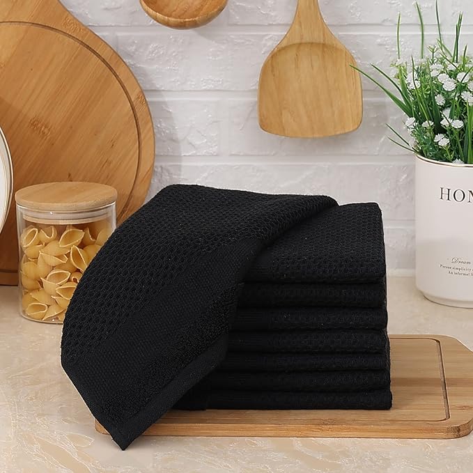 Homaxy 100% Cotton Dish Cloths, 8 Pack - 12 x 12 Inches, Waffle Weave Super Soft and Absorbent Dish Towels Quick Drying Dishcloths, Black