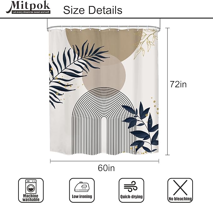Boho Shower Curtain 60Wx72H Modern Mid Century Abstract Gold Leaves Bohemian Minimalist Geometric Arch Plant Botany Bathroom Decor Neutral Aesthetic Bath Curtain Fabric Polyester 12 Pack Hooks