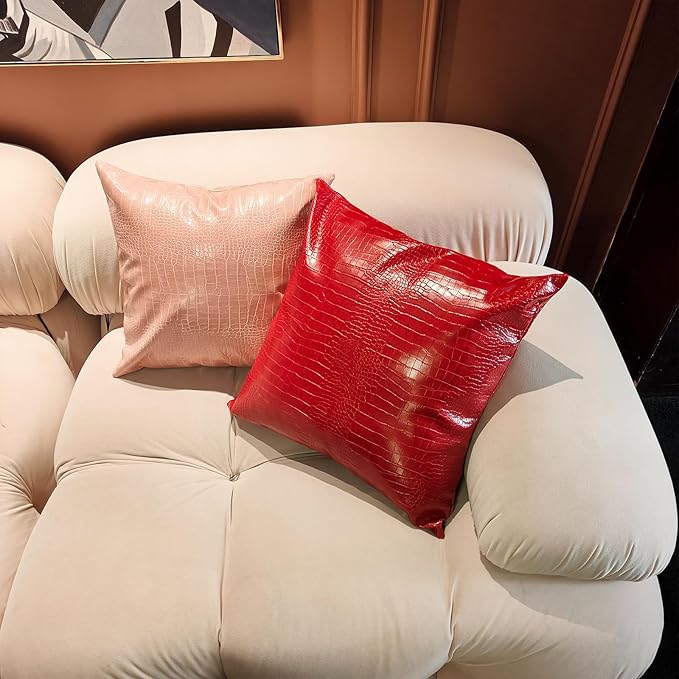 Faux Leather Throw Pillow Cover 16X16 Inch Set of 2 Christmas Red Outdoor Modern Solid Decorative Pillow Covers for Room Couch Living Bedroom Bed Sofa Party