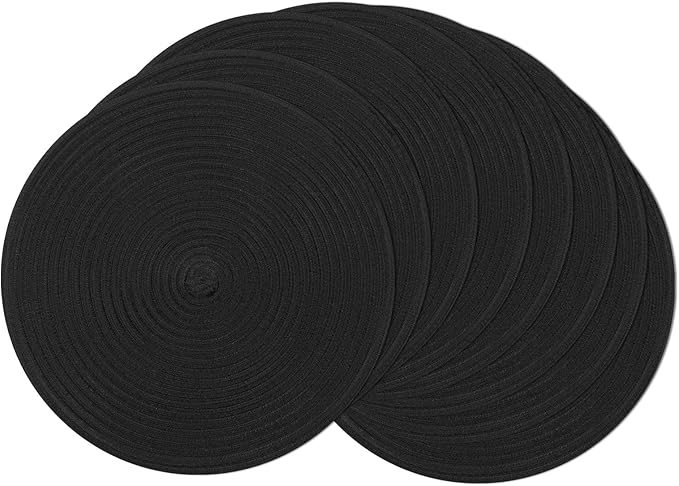 SHACOS Round Braided Placemats Set of 8 Washable Cotton Polyester Woven Round Table Mats for Dining Tables 15 inch (Black, 8)