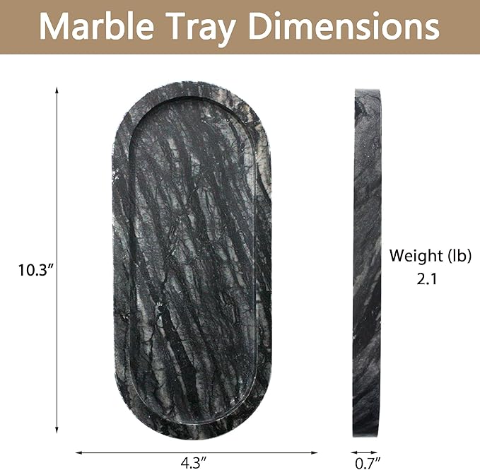 100% Real Natural Marble Tray for Bathroom, Luxury Ancient Wood Grain Stone Vanity Tray, Decorative Oval Trays for Countertop Storage Organizer, Vanity Dresser Kitchen Home Decor, Black