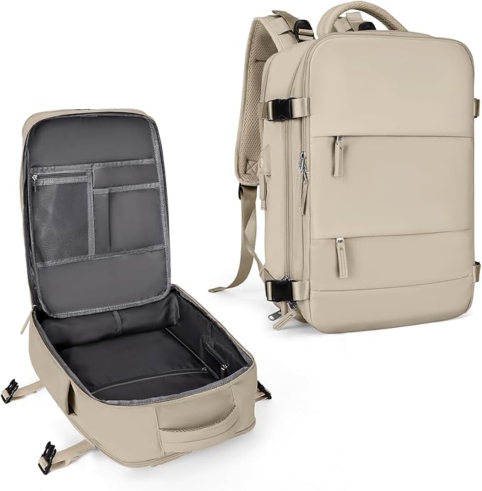 coowoz Large Travel Backpack For Women Men,Carry On Backpack Flight Approved,Hiking Backpack Waterproof Outdoor Rucksack Casual Daypack Fit 15.6 Inch Laptop Shoes Compartment (Khaki-L)