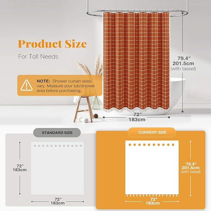BTTN 78 Inch Long Shower Curtain - Boho Farmhouse Linen Ultra Thick Fabric Shower Curtain Set with Plastic Hooks, Tall Rustic Country Weighted Cloth Shower Curtains for Bathroom - Burnt Orange - 72x78
