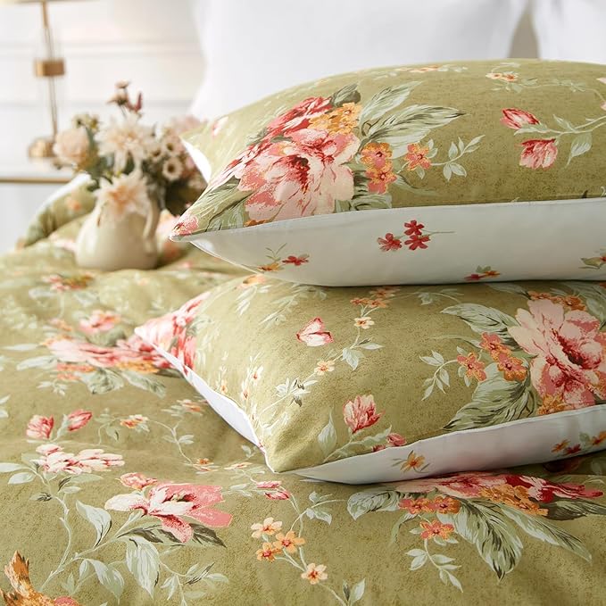 mixinni Duvet Cover Full Size, Long Staple Cotton Reversible Green Floral Duvet Cover Set with Zipper Ties, 3 Pieces Botanical Pink Flowers and Green Branches Patterns Bedding Set