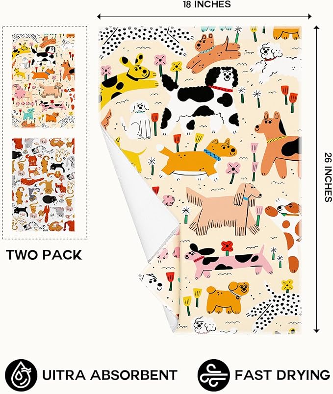 Microfiber Kitchen Towels - Set of 2 Dish Towels for Kitchen 18 x 26 Inch Home Decoration Crayon Dog Cat Cute Spring Hand Towels Soft & Absorbent Aesthetic Design