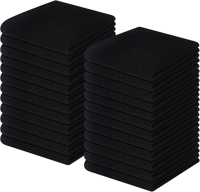 Homaxy 100% Cotton Waffle Weave Kitchen Dish Cloths, Ultra Soft Absorbent Quick Drying Dish Towels, 12 x 12 Inches, 24-Pack, Black