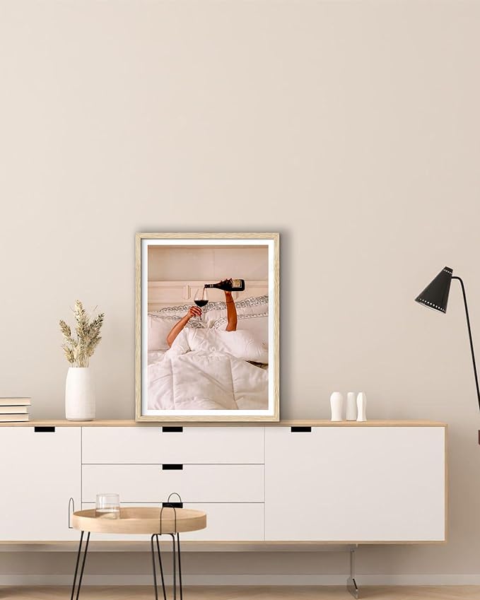 EcoHest Woman Drinking Wine in Bed Framed Wall Art, 12x16 in OAK Wood Feminist Alcohol Canvas Art, Trendy Teen Girl Bar Cart Print College Room Decor, Beige Logs Set of 1 For Bedroom Living Room