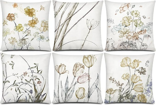 COMMINY Sage Green Flower Pillow Cover 18x18 Set of 6 Minimalist Modern Throw Pillow Cover Square Cushion Covers for Couch Sofa Living Room Home Decor