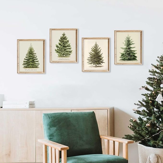 Vintage Christmas Tree Wall Art – Set of 4 Rustic Pine Tree Prints, Cozy Botanical Winter Holiday Decor, Unframed Christmas Wall Artwork for Festive Home Styling (8x10 Inch)