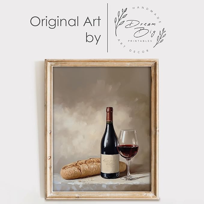 Wine & Bread Still Life Art Print - 8x10 | Vintage Wall Art for Kitchen Decor | Dining Room Wall Pictures for Farmhouse | Rustic Wall Pictures for Living Room