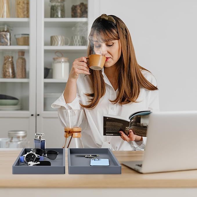 BBK Bathroom Vanity Tray 11.8 in- 2 Pack(Large) Silicone Bathroom Tray for Counter, Perfume Key Trinket Ring Tray, Decor Soap Dispenser Countertop Tray for Kitchen Sink Organization (Gray) (VT2)