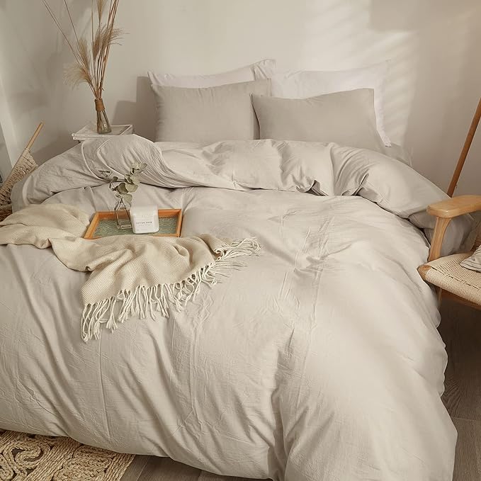 AMWAN Solid Beige Duvet Cover Full Size Soft Washed Cotton Bedding Set Modern Style Boho Comforter Cover Solid Color 1 Full Duvet Cover with 2 Pillow Shams
