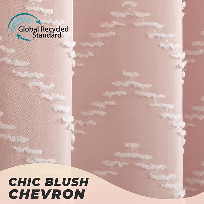 Extra Long Blush Pink Boho Shower Curtain Cute Shower Curtain Textured Tufted Chevron Striped Minimalist 72 x 84