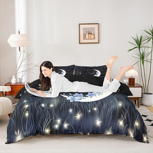 Castle Fairy Moon Duvet Cover King Size Starry Sky Theme Bedding Set Fashion Romantic Plant Flower Galaxy Print Comforter Cover for Kids Teen Boy Girl Bedroom Decoration