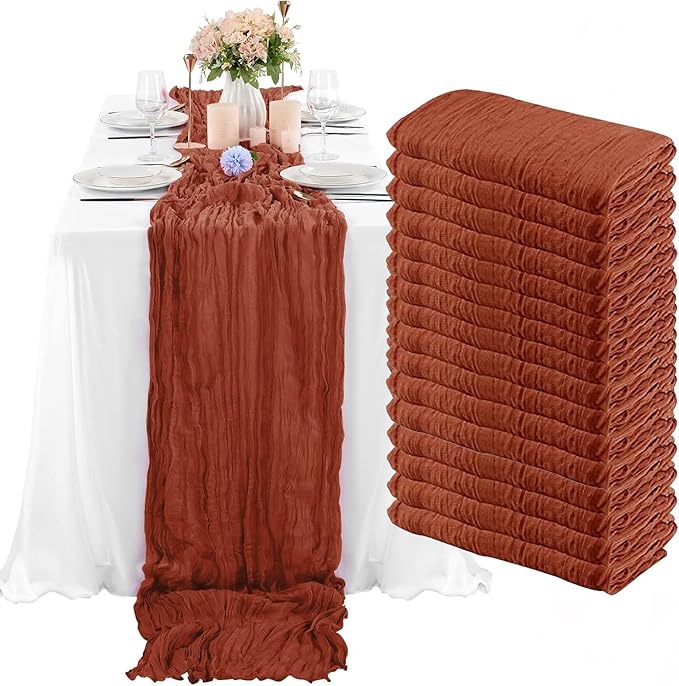 16 Pack Terracotta Cheesecloth Table Runner, 35x120 Inch Boho Gauze Cheese Cloth Table Runner 10ft Rustic Sheer Long Gauze Table Runners for Wedding Bridal Baby Shower Birthday Party Table Decor