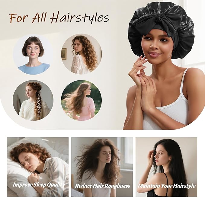 Silk Bonnet for Sleeping Women Satin Hair Cap with Tie Brand Curly Hair Sleep Protection Silk Head Wrap Double Layer - Black