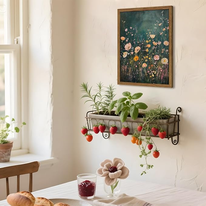 Framed 3D Textured Vintage Wildflower Wall Art, Green Flower Wall Decor Painting, Hand Drawn Sandstone Farmhouse Botanical Landscape Pictures Artwork for Living Room Bedroom 12x16 inch Wood Frame