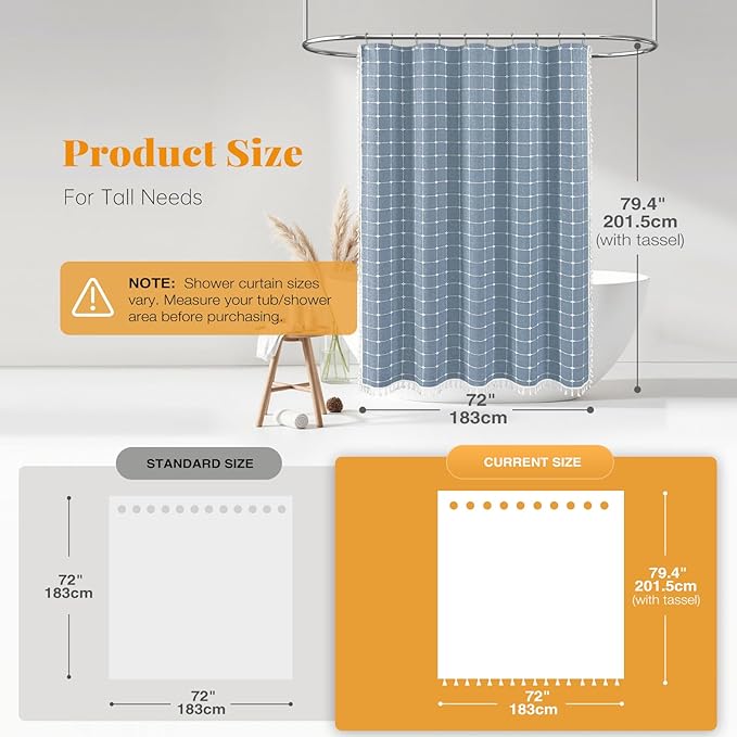 BTTN 78 Inch Long Shower Curtain - Boho Farmhouse Linen Ultra Thick Fabric Shower Curtain Set with Plastic Hooks, Tall Rustic Country Weighted Cloth Shower Curtains for Bathroom Decor - Blue - 72x78