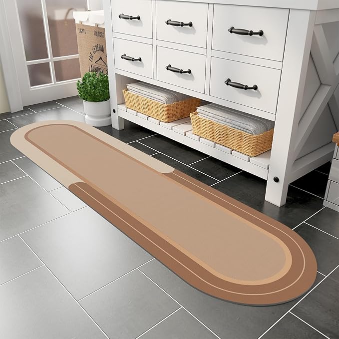 MontVoo Bath Mat Runner - Long Non Slip Absorbent Quick Dry Thin Bath Rug for Bathroom Floor Mat - Rubber Backed - Stain Resistant - Easy Care - Brown 17"x70"