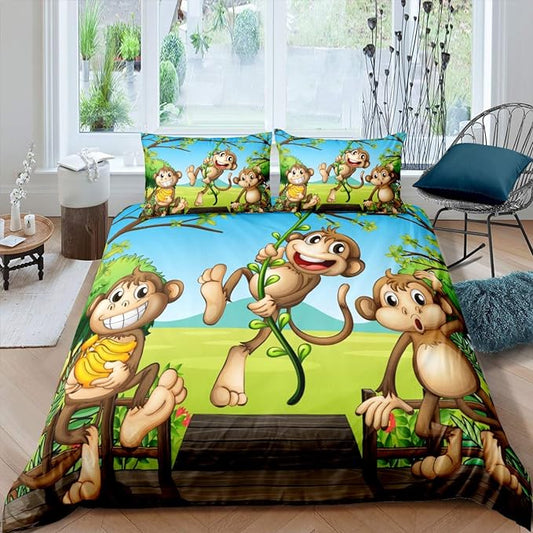Feelyou Cute Monkey Comforter Cover Set Cartoon Animal Bedding Set for Kids Toddler 1 Duvet Cover +1 Pillowcase Twin Size