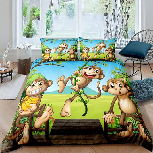 Feelyou Cute Monkey Comforter Cover Set Cartoon Animal Bedding Set for Kids Toddler 1 Duvet Cover +2 Pillowcases King Size
