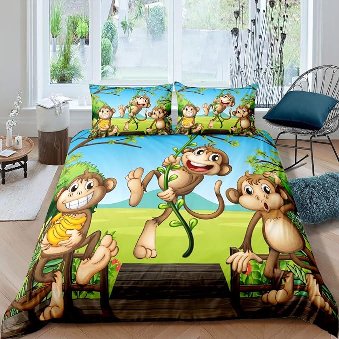 Feelyou Cute Monkey Comforter Cover Set Cartoon Animal Bedding Set for Kids Toddler 1 Duvet Cover +2 Pillowcases Queen Size