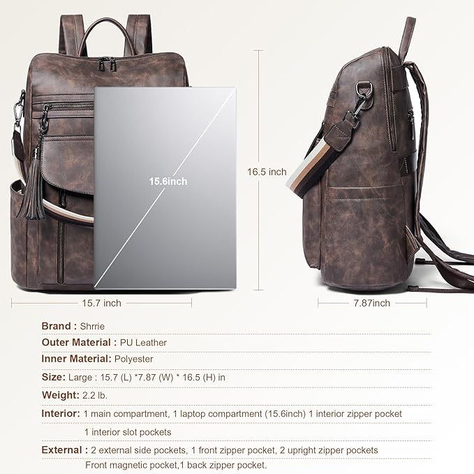 Shrrie Laptop Backpack for Women 15.6 inch,Travel Leather Backpack Purse Nurse Teacher Carry on Backpack Computer Bag,Professional Water-Resistant College Business Work Casual Daypack,Deep Gray