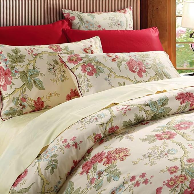 mixinni Garden Style 3 Pieces Red Flower Leaf Pattern Duvet Cover Set Queen Reversible Beige Comforter Cover Set for Women and Men, Easy Care, Soft, Durable-(3pcs, King Size)