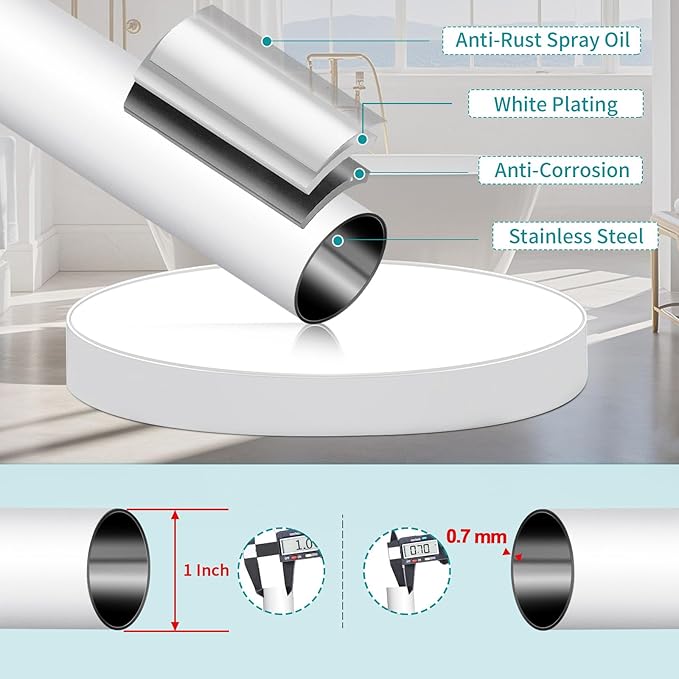 YNL Shower Curtain Rod 34-82 Inches (2.8-6.8ft) Adjustable Spring Shower Rod No Drilling, Non-Slip, Never Rust, Stainless Steel, Suitable for Bathroom Window Living room, White