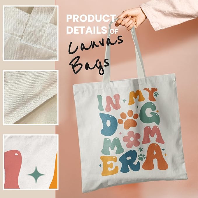 Dog Mom Canvas Tote Bags - Reusable Grocery Bags for Shopping, Funny Dog Lover Gifts for Women