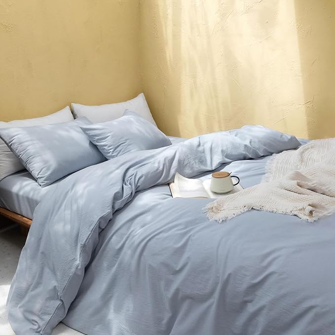 FOSSA Duvet Cover Set 100% Washed Cotton Linen Feel Super Soft Breathable Cozy 3 Pieces Bedding Sets Solid Cornflower Blue Oversized Queen