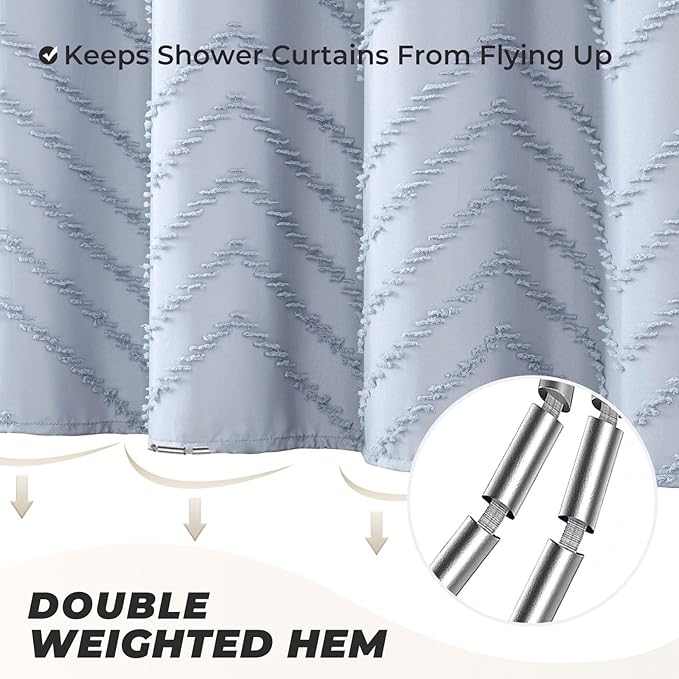 Light Blue Boho Fabric Shower Curtain Tufted Chevron Striped Textured Cloth Curtains for Bathroom, Fog Blue